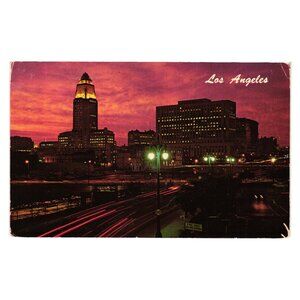 Los Angeles Civic Center Union Station Nighttime Scene Postcard 1974 Skyline